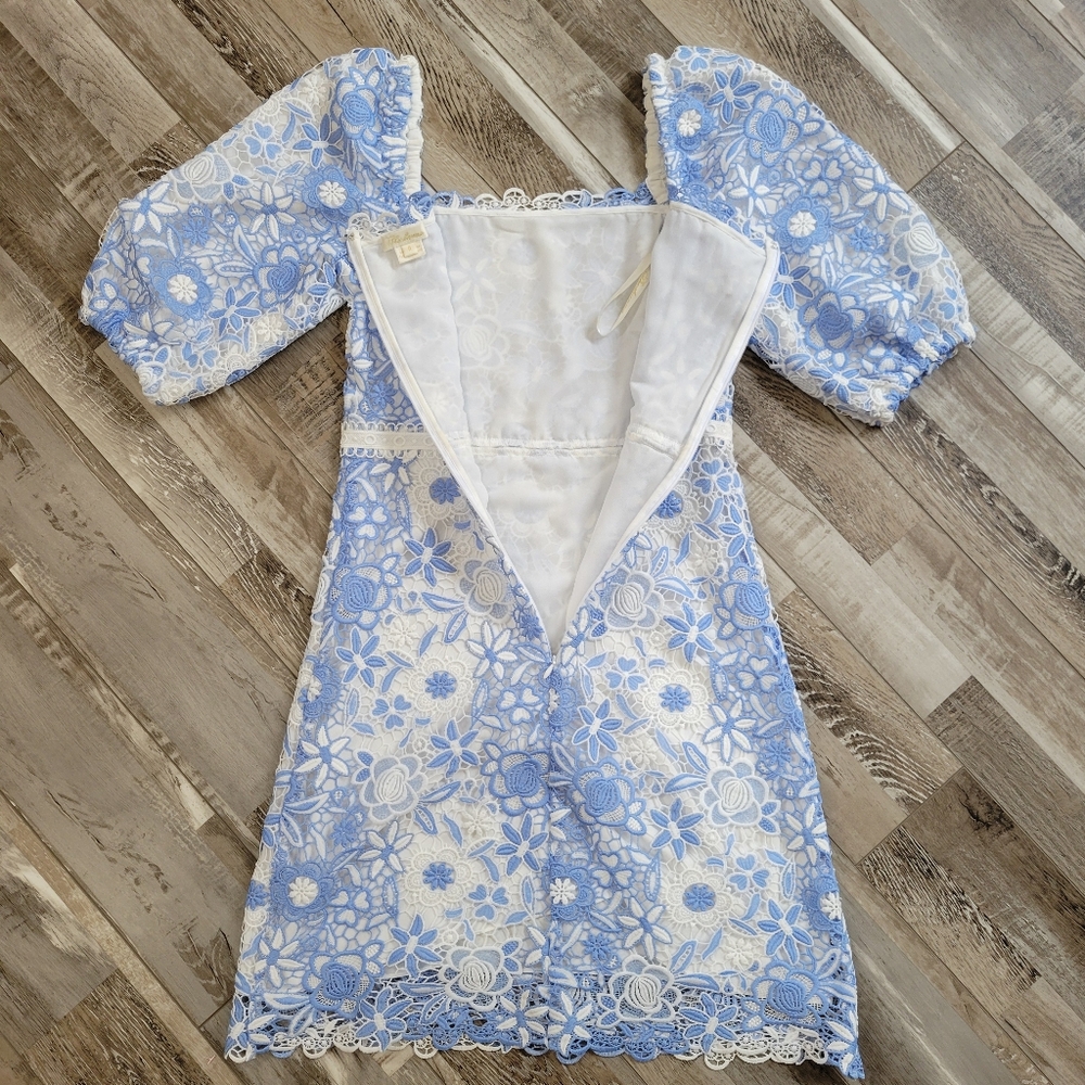 Shoshanna Airana White And Blue Lace Puff Sleeve Mini Dress Size 0 - Picture 6 of 7